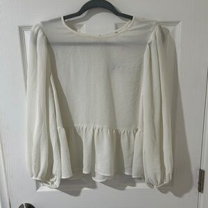 Express Cream Peplum Blouse with Puff‎ Sleeves
